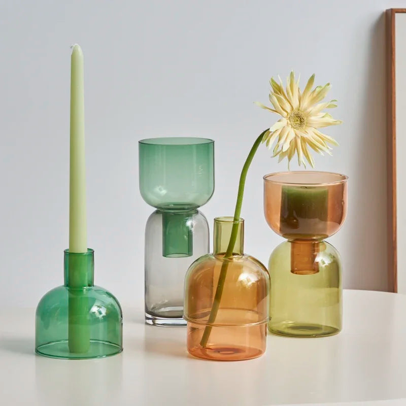 Candle Holder for Pillar Candles Stand Home Decor Colorful Glass Flower Vase Decorative Bottle Jar Storage Bowl Plant Container MINHBATTI