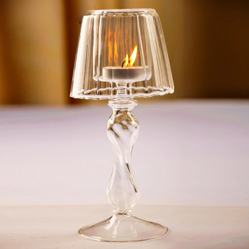 European Style Transparent Glass Desk Lamp Shaped Candlestick with High Foot Striped Candlestick and Creative Home Decoration MINHBATTI