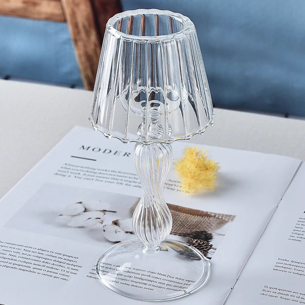 European Style Transparent Glass Desk Lamp Shaped Candlestick with High Foot Striped Candlestick and Creative Home Decoration MINHBATTI