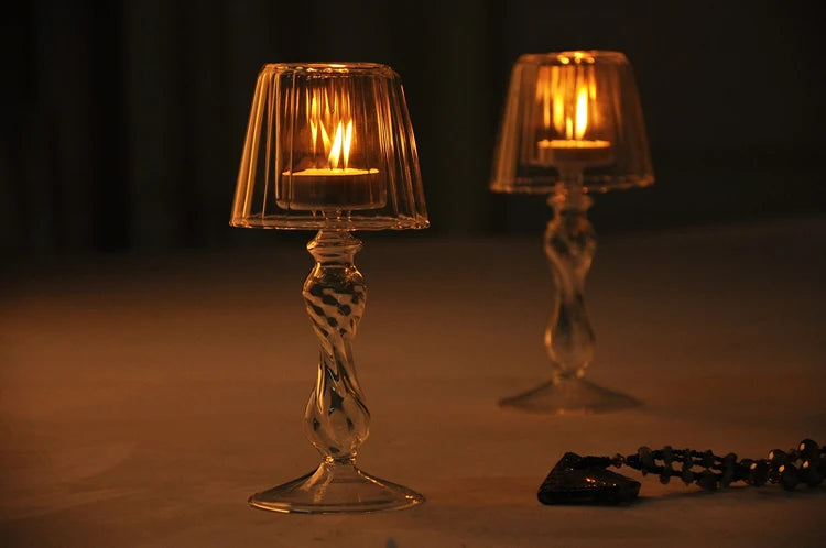 European Style Transparent Glass Desk Lamp Shaped Candlestick with High Foot Striped Candlestick and Creative Home Decoration MINHBATTI