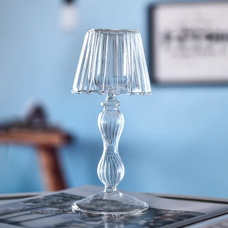 European Style Transparent Glass Desk Lamp Shaped Candlestick with High Foot Striped Candlestick and Creative Home Decoration MINHBATTI