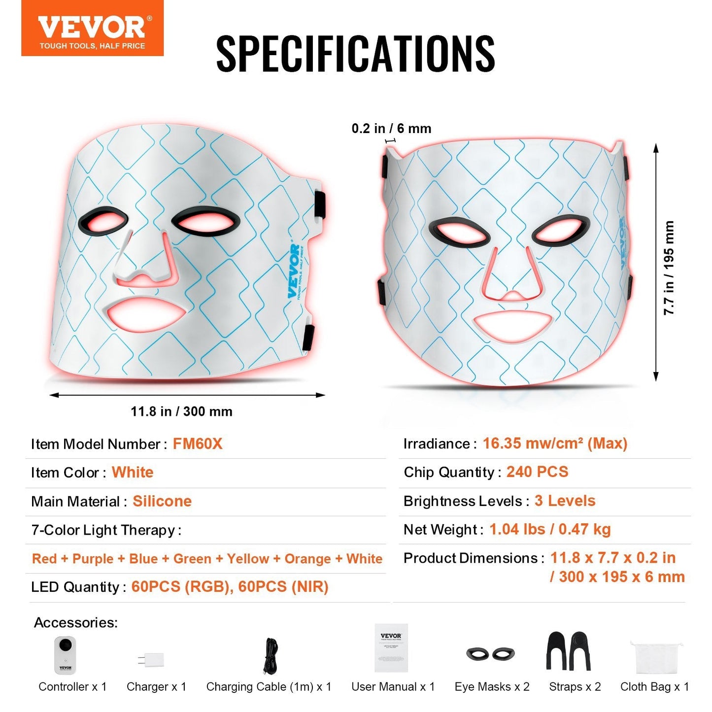 VEVOR Red Light Therapy Mask 7-Color LED Face Mask Light Therapy With 850nm NIR MINHBATTI