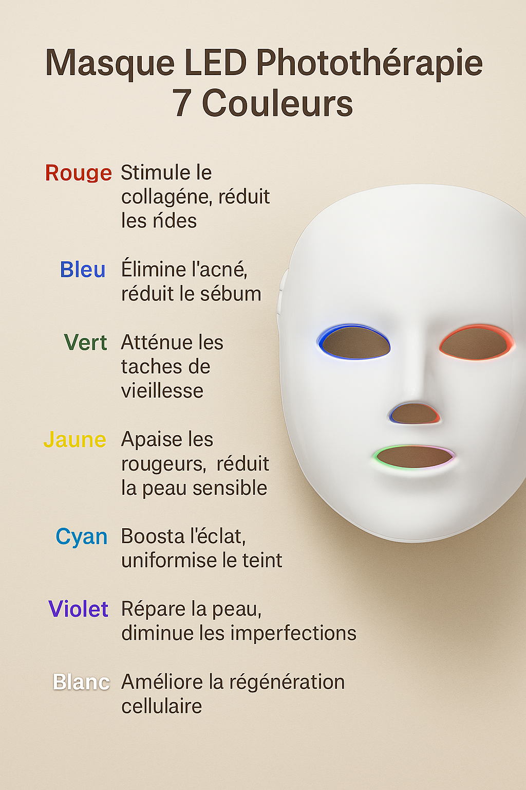 Masque LED Photothérapie 7 Couleurs – Anti-Âge, Anti-Acné & Éclat visage MINHBATTI
