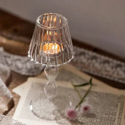 European Style Transparent Glass Desk Lamp Shaped Candlestick with High Foot Striped Candlestick and Creative Home Decoration MINHBATTI