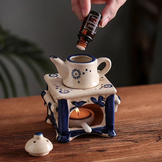 YXYMCF Vintage Tea Warmer Incense Burner Ceramic Aroma Diffuser Essential Oil Lamp Optional Candle Holder for Home Decor Stove MINHBATTI