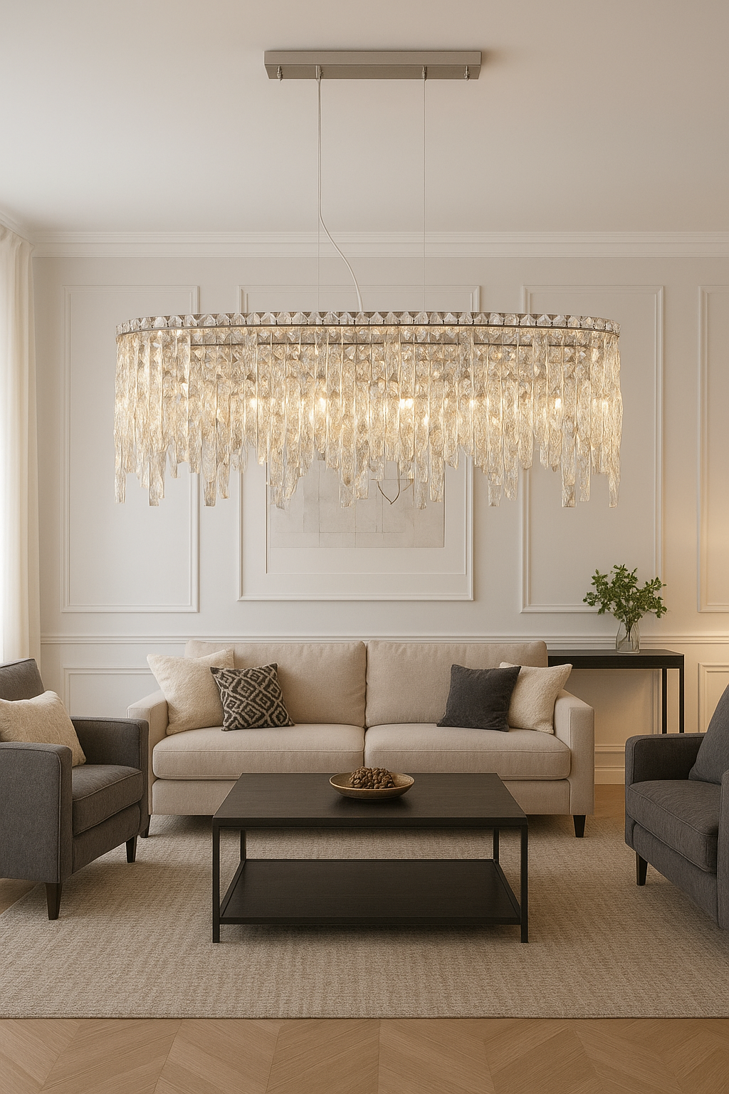 Suspension Ovale Élégante en Cristal Argenté – Luminaire Design Moderne et Raffiné MINHBATTI